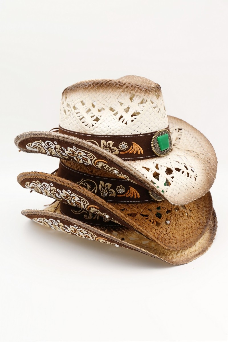 Western Theme Embroidered Strap Straw Cowboy Hat