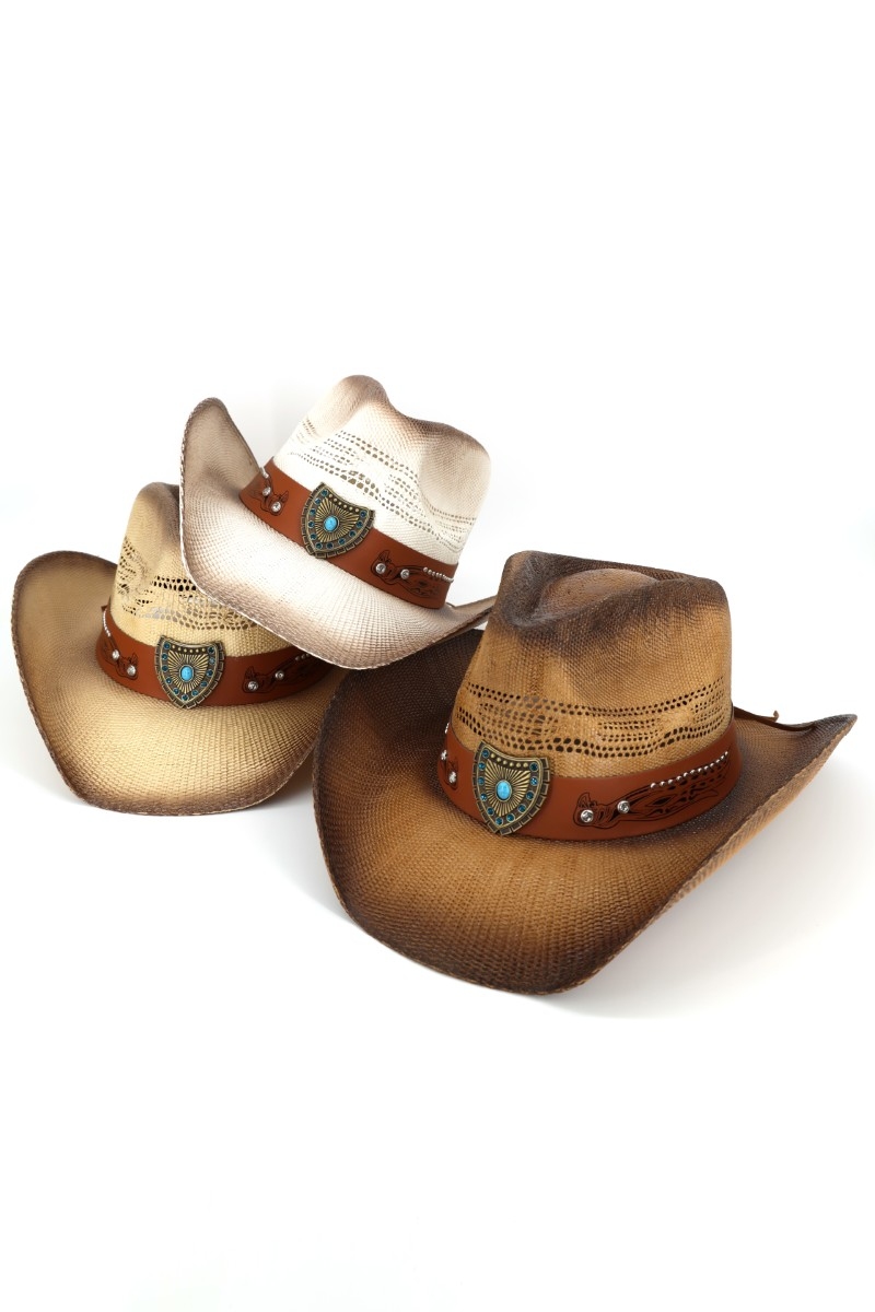 Western Shield Buckle Band Two Tone Straw Cowboy Hat