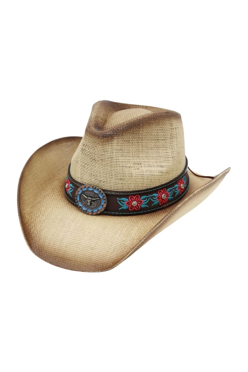 Western Longhorn Floral Strap Straw Cowboy Hat