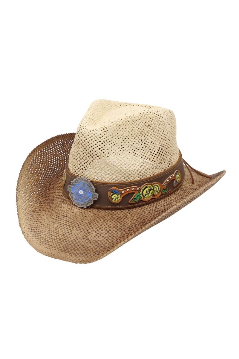 Western Boho Embroidered Strap Straw Cowboy Hat
