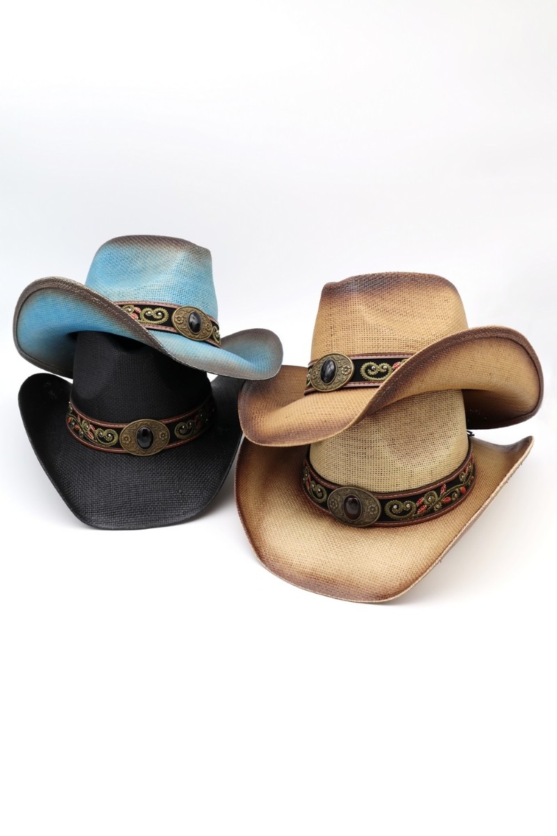 Western Embroidered Strap Washed Straw Cowboy Hat
