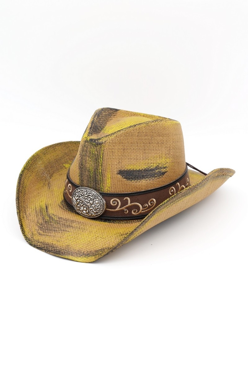 Antique Western Embroidered Disc Straw Cowboy Hat