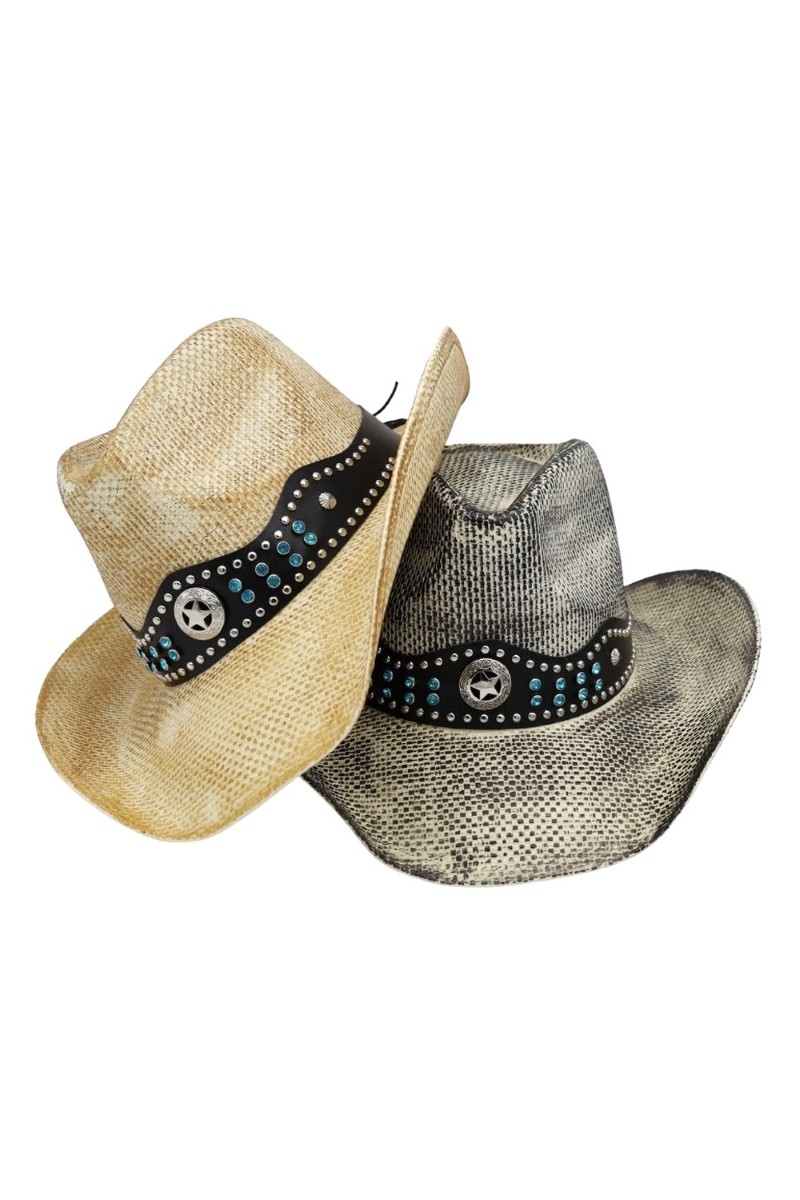 Western Studded Star Strap Rustic Straw Cowboy Hat