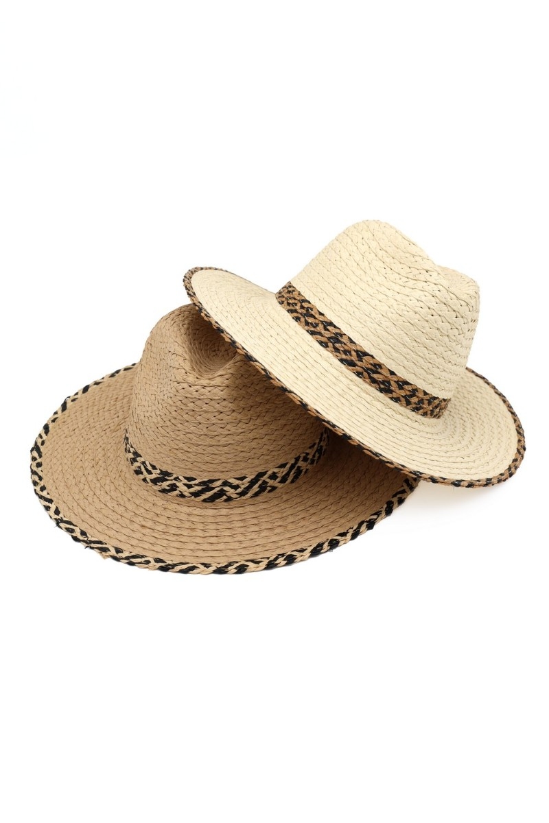 Two Tone Trim Straw Fedora Hat