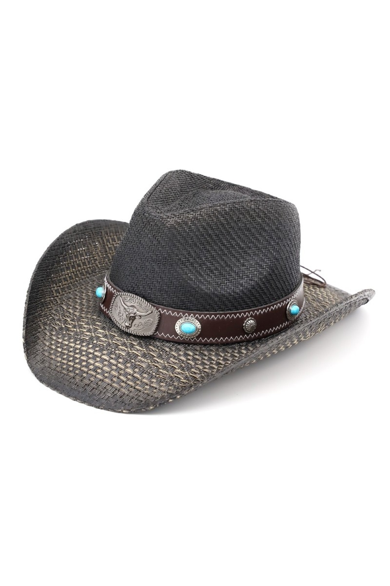 Western Long Horn Concho Strap Straw Cowboy Hat