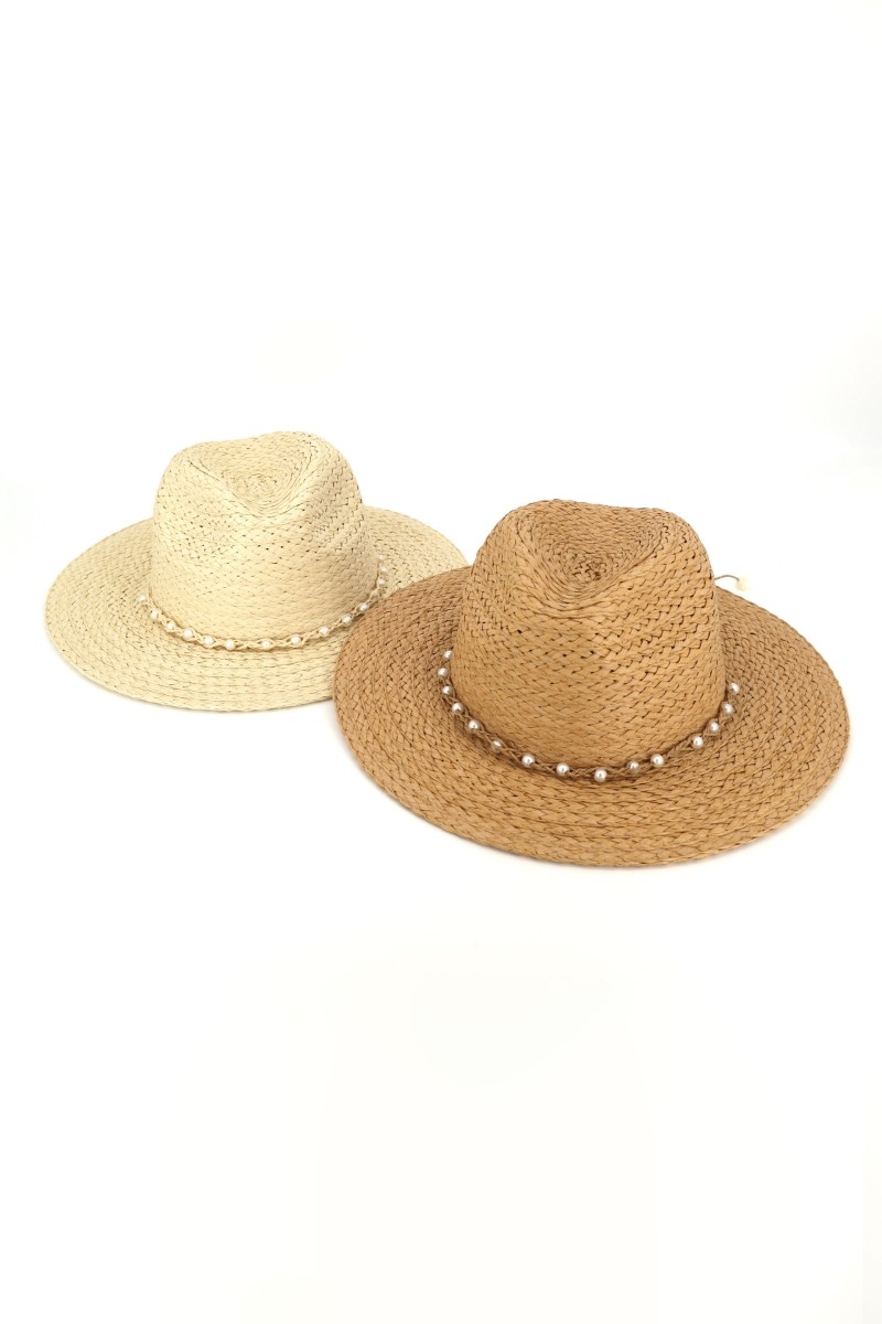 Pearl Bead Band Natural Straw Hat