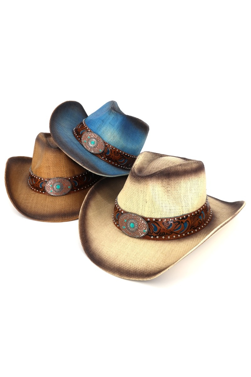Floral Concho Band Two Tone Straw Cowboy Hat