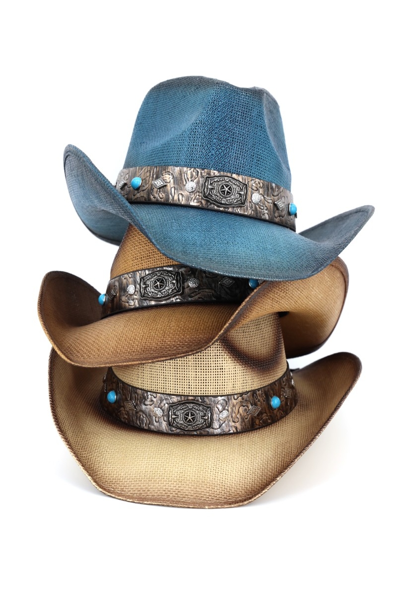 Star Concho Turquoise Stud Band Straw Cowboy Hat