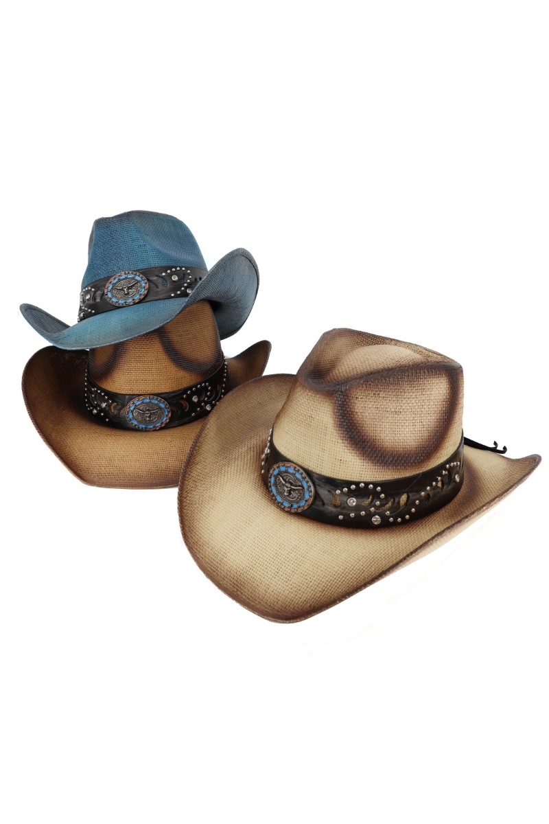 Bull Medallion And Stud Band Straw Cowboy Hat
