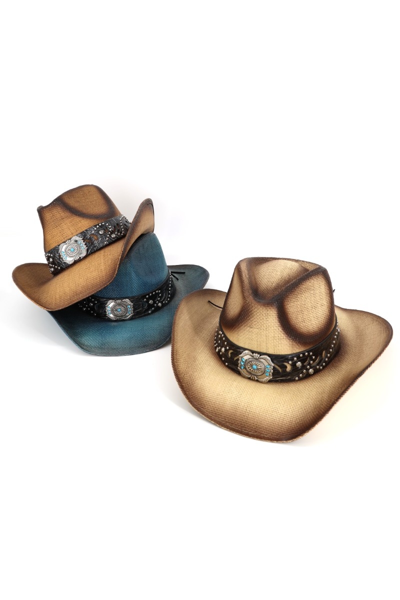 Silver Concho Turquoise Band Straw Cowboy Hat