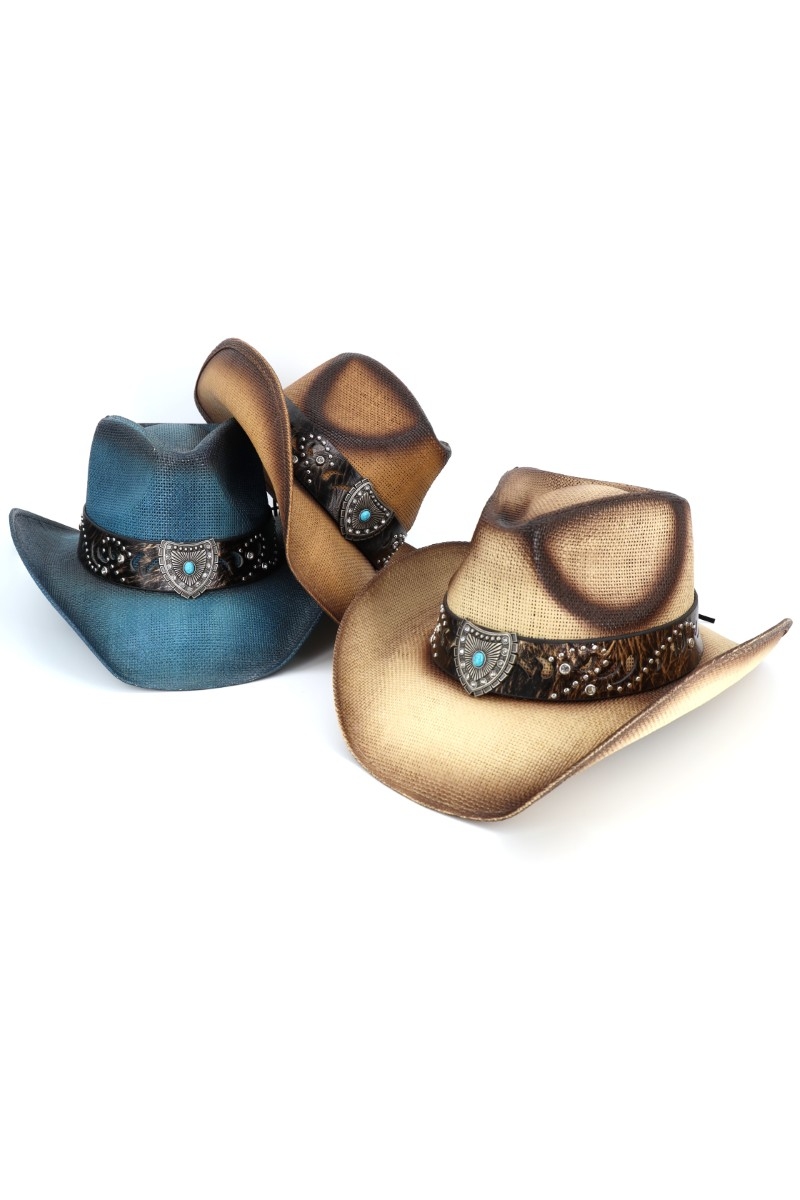 Sunburst Shield Concho Band Straw Cowboy Hat