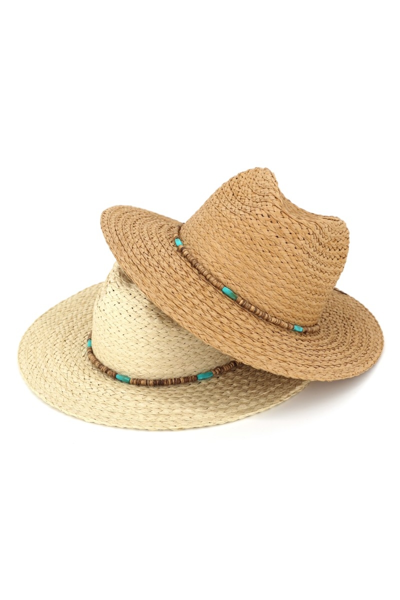 Turquoise Wood Bead Band Natural Straw Hat