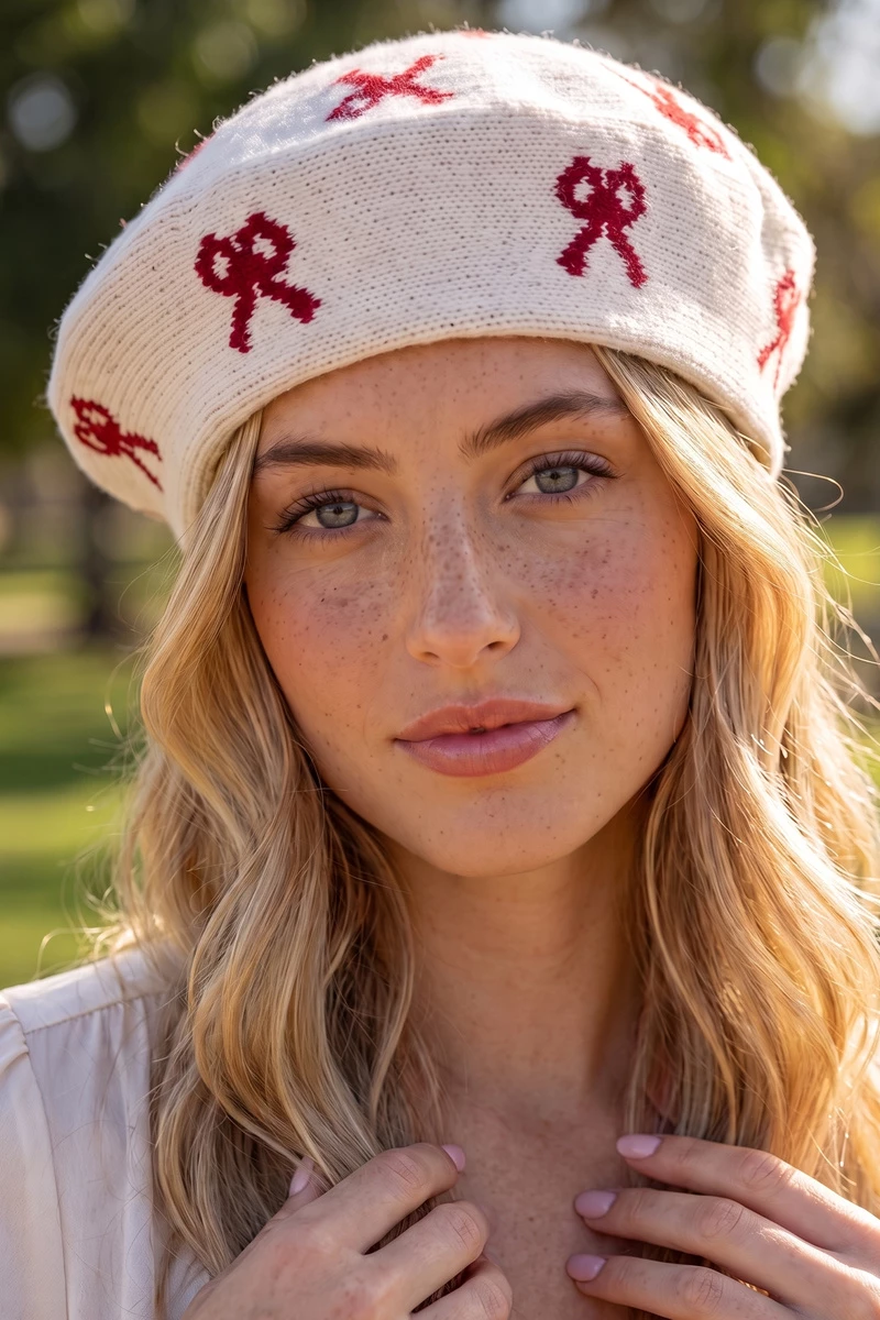 Scattered Bow Intarsia Knit Beret