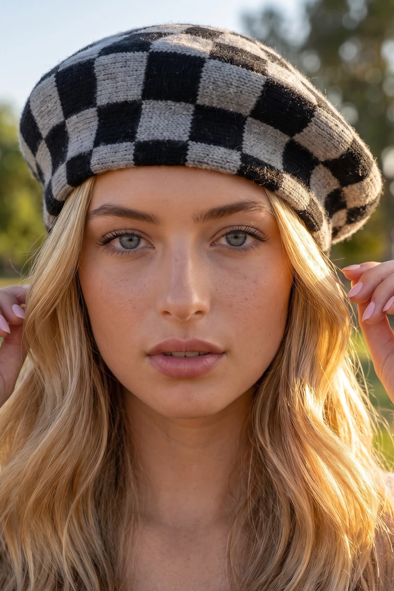 Checkerboard Spiral Knit Beret