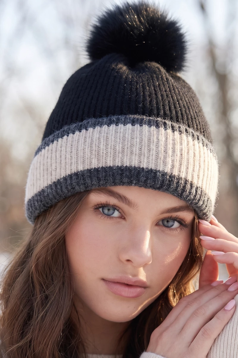 Striped Cuff Pompom Ribbed Beanie