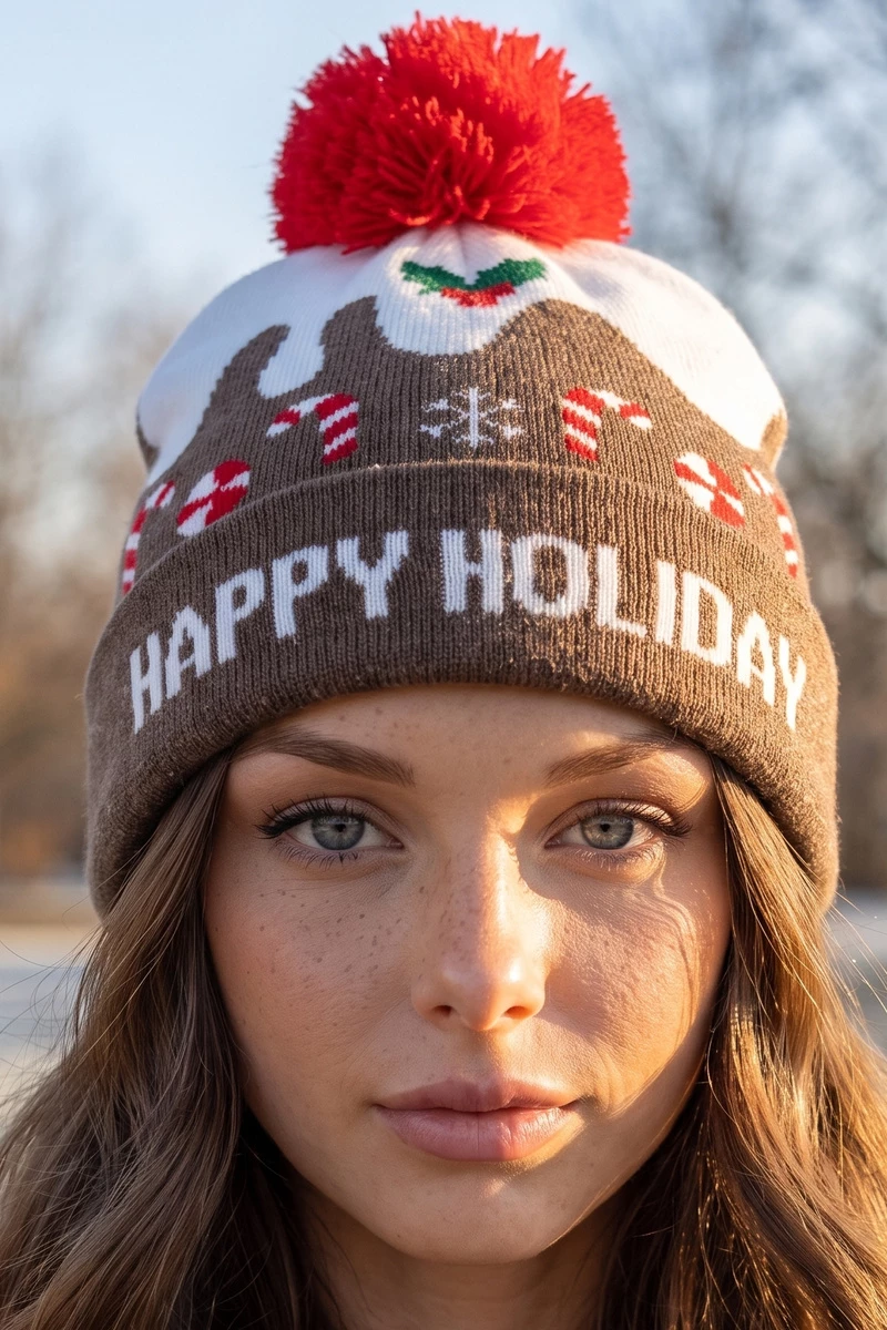 Happy Holiday Pudding Pompom Beanie