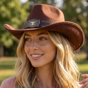 Vegan Suede Longhorn Buckle Cowboy Hat
