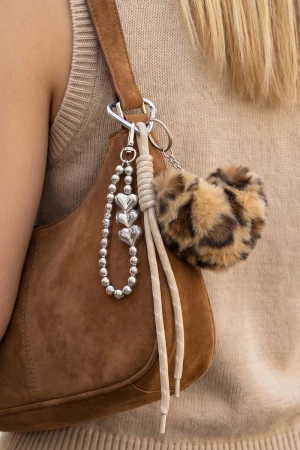 Leopard Pom With Heart Bead Chain Bag Charm