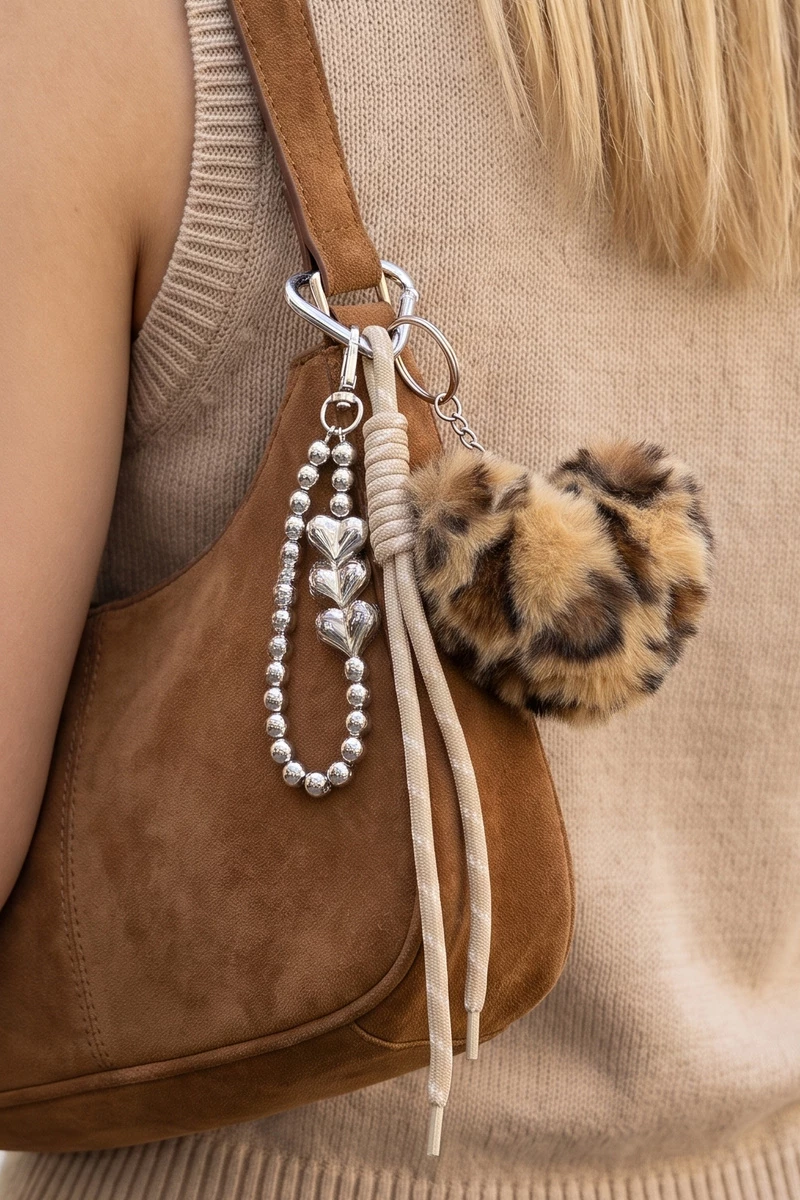Leopard Pom With Heart Bead Chain Bag Charm