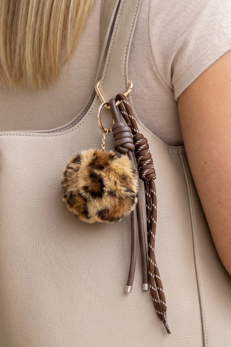 Leopard Pom Knotted Cord Bag Charm