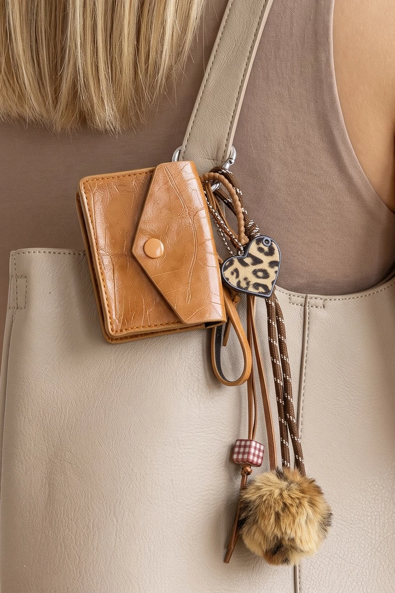 Mini Wallet And Leopard Heart Pom Bag Charm
