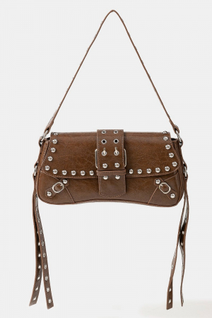 Glossy Leather Rivet Trim Shoulder Bag