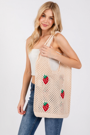Strawberry Design Crochet Knit Tote Bag