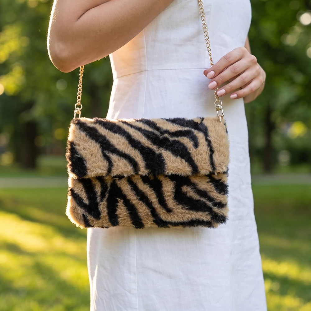 Plush Animal Print Flap Clutch With Chain Strap