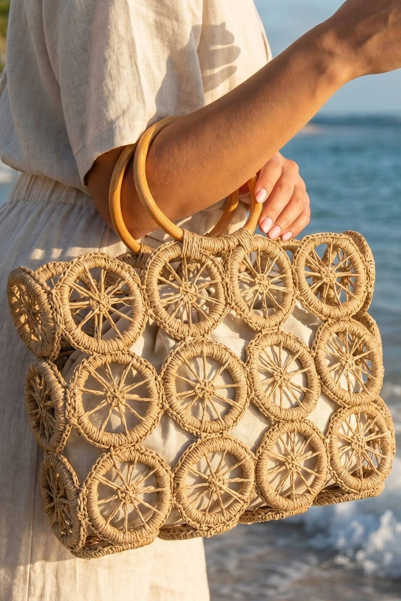 Open Circle Weave Straw Tote Bag With Wood Handle