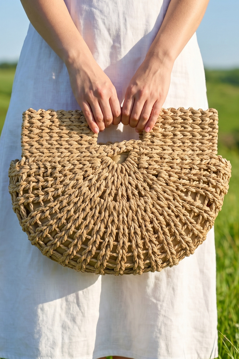 Open Weave Paper Straw Half Moon Hobo Bag