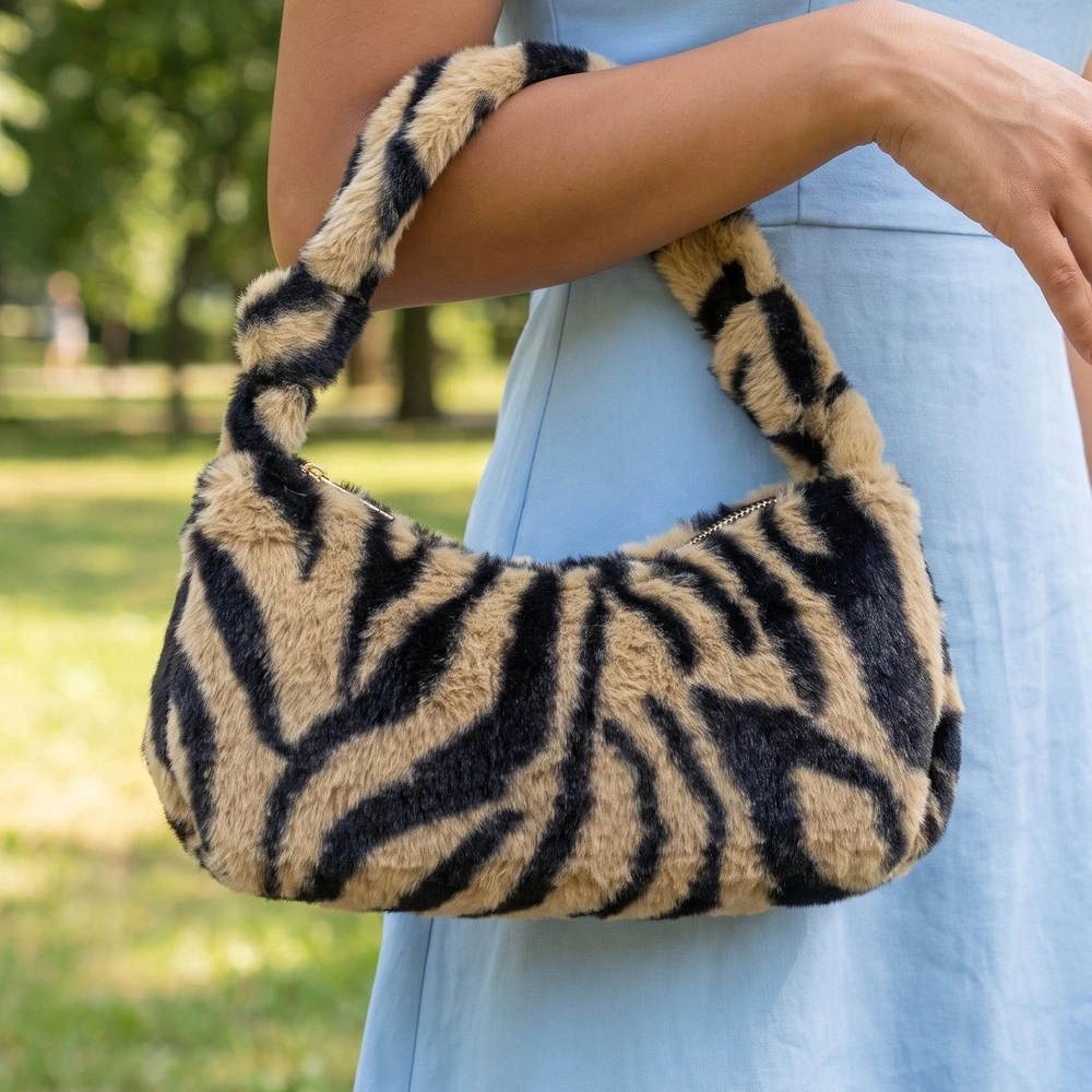 Plush Animal Print Shoulder Bag