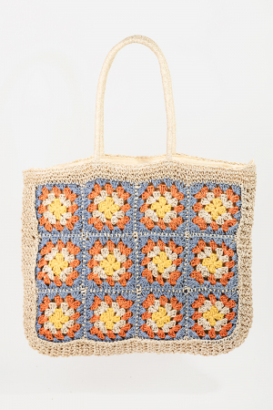 Straw Braided Floral Pattern Tote Bag