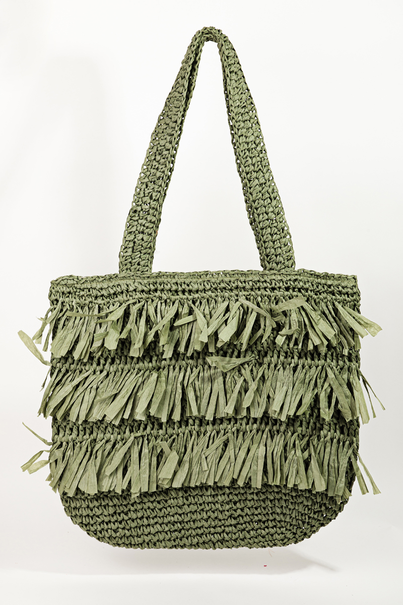 Straw Braided Raffia Fringe Tote Bag