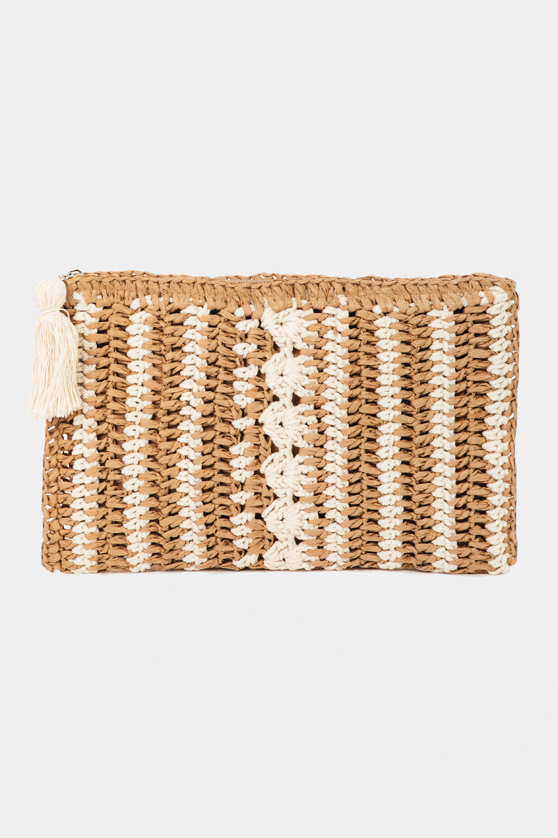 Tassel Zipper Straw Knit Cosmetic Bag