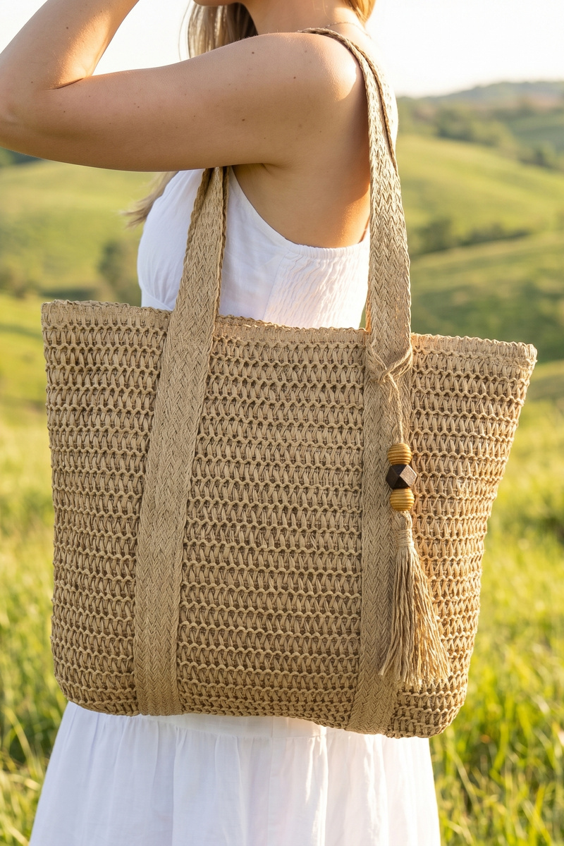 Woven Paper Straw Tote Bag With Tassel