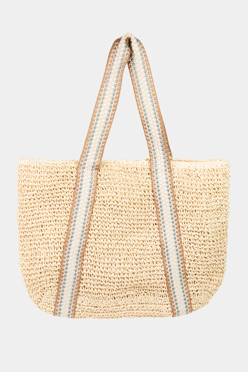 Embroidered Strap Straw Knit Tote Bag
