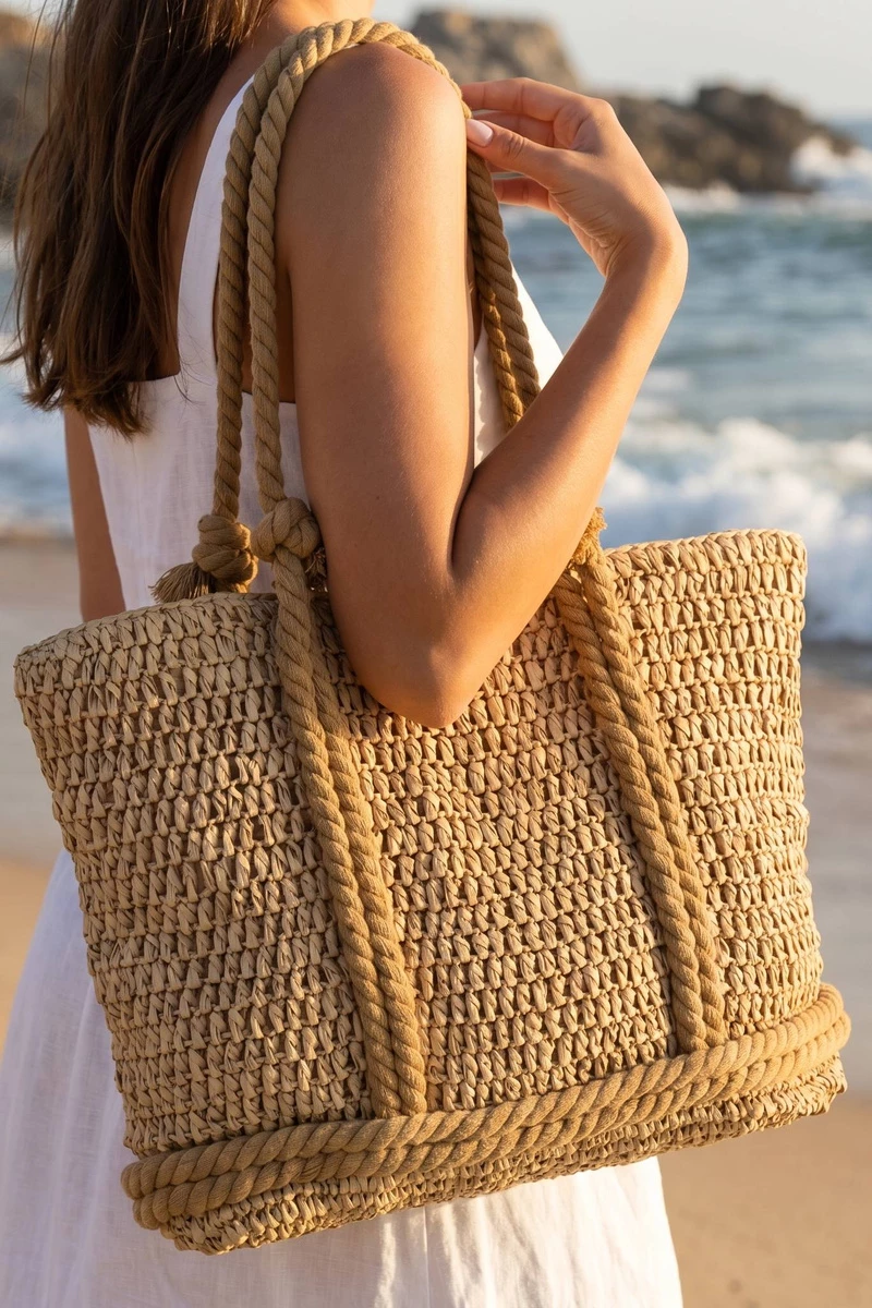 Open Weave Straw Tote Bag With Rope Handles