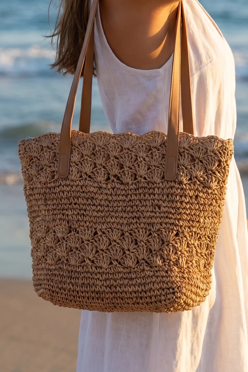 Straw Shell Stitch Woven Shoulder Tote Bag