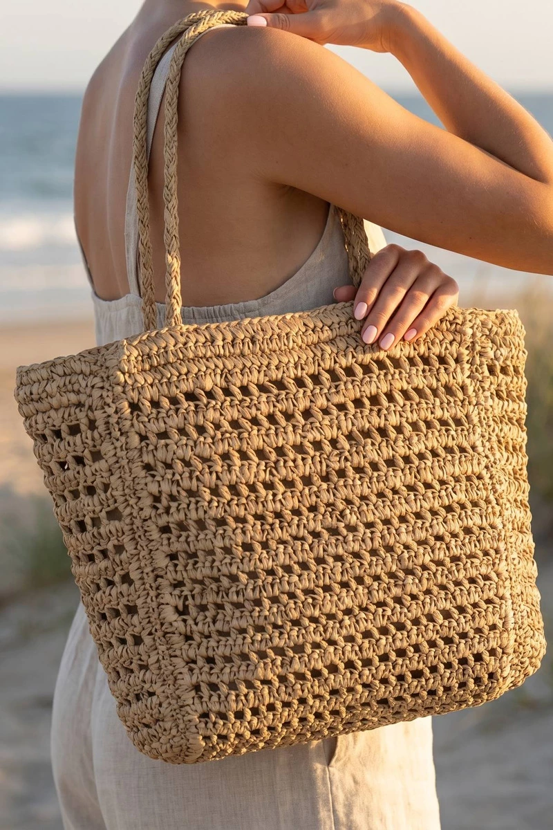 Macrame Diamond Open Weave Fringe Tote Bag