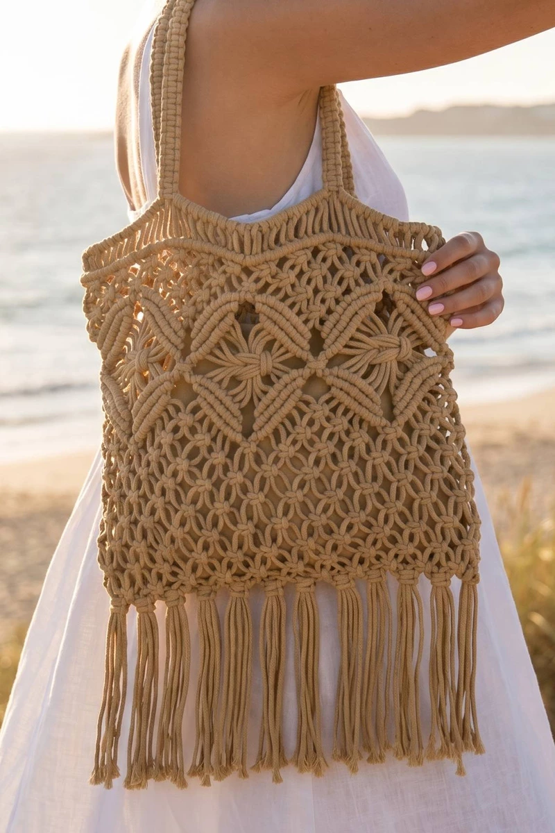 Macrame Fringe Handbag With Wood Bead Handle