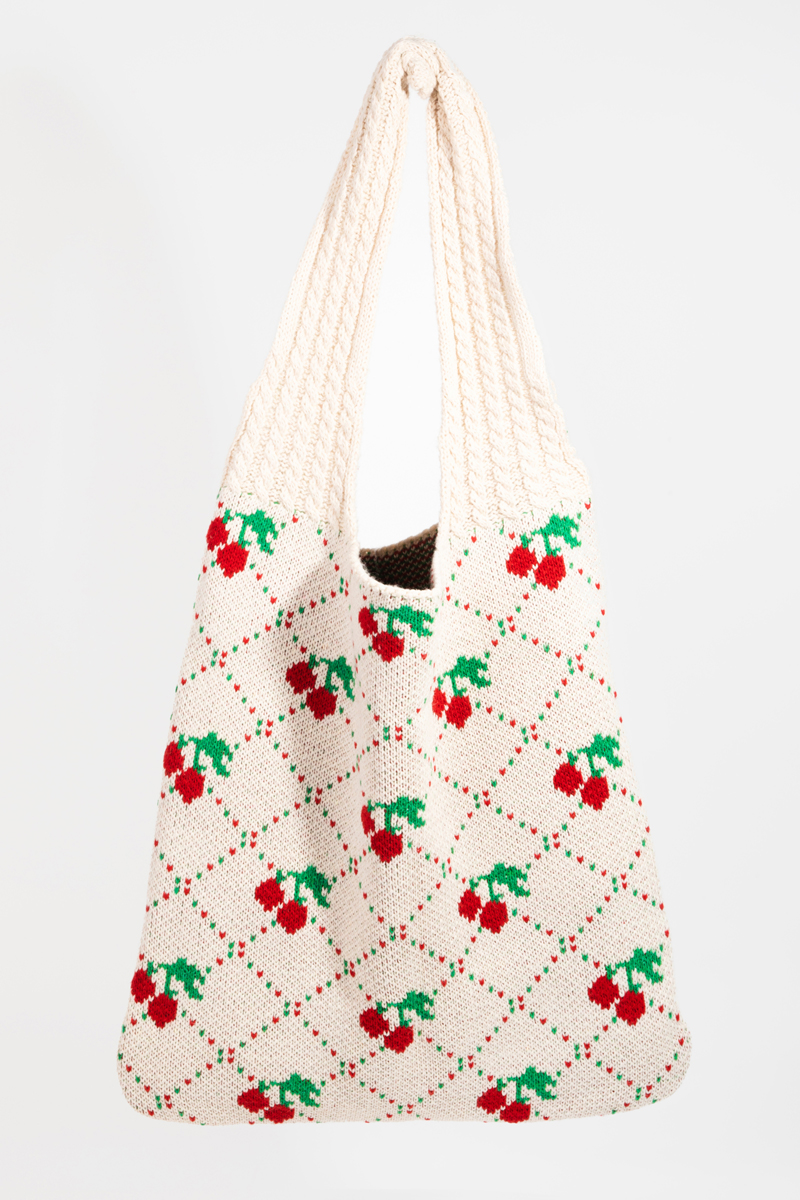 Cherry Pattern Crochet Knit Tote Bag