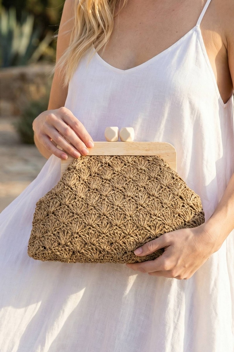 Straw Braided Wooden Frame Clutch Bag