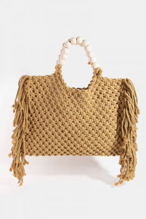 Wooden Beaded Handle Braided Tote Bag