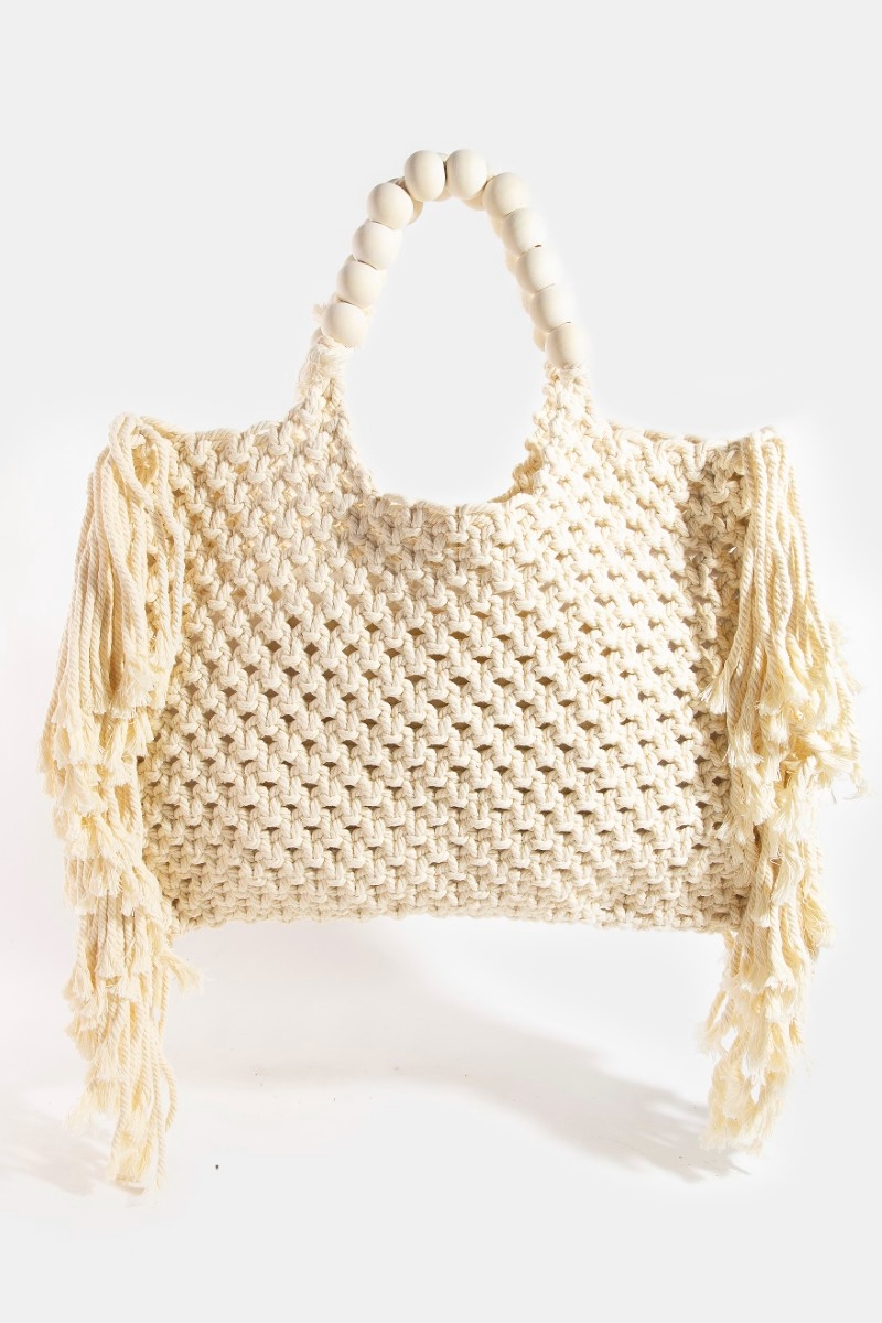 Wooden Beaded Handle Braided Tote Bag