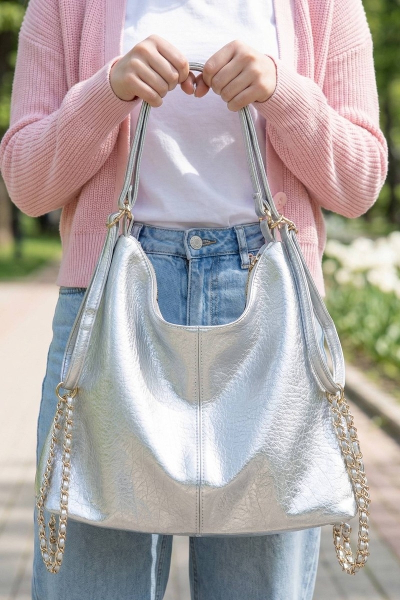 Vegan Leather Chain Decor Shoulder Bag