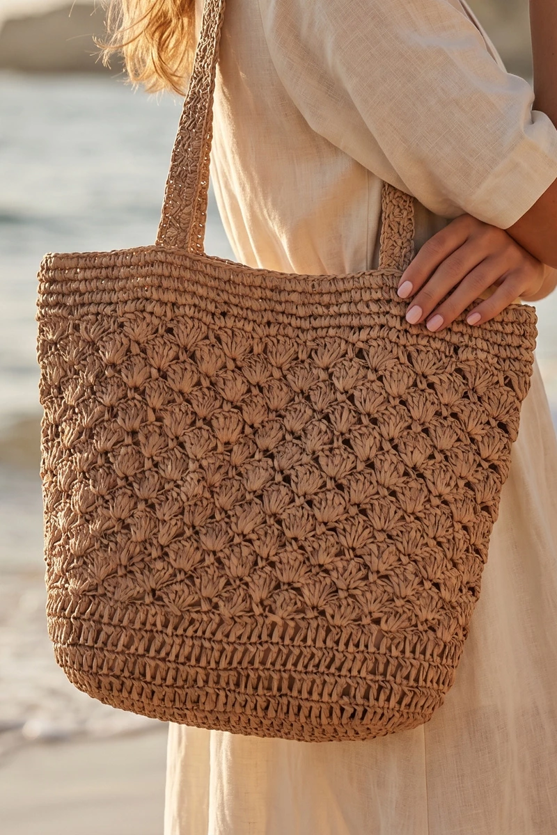 Large Woven Straw Fan Stitch Shoulder Tote Bag