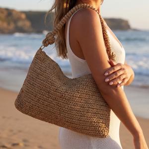 Braided Handle Rectangular Straw Hand Bag