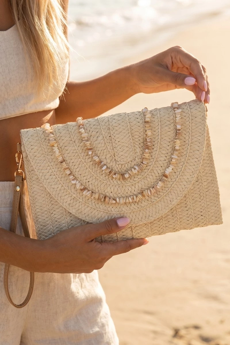 Shell Beaded Accent Paper Woven Envelope Clutch Bag
