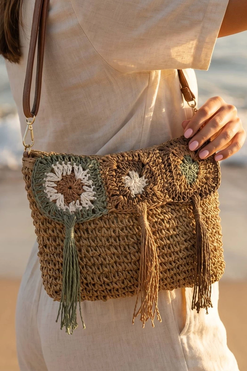 Crochet Granny Square Tassel Straw Clutch Wristlet