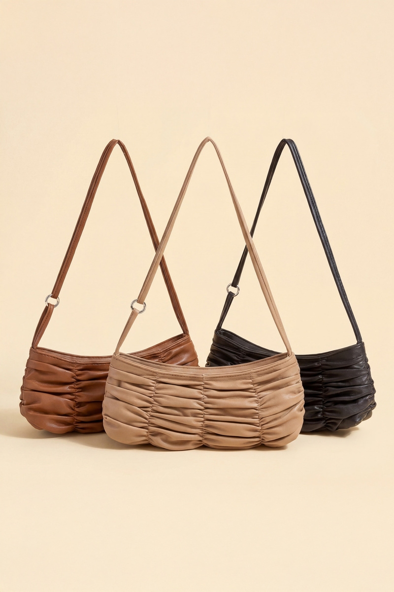 Ruched Faux Leather Baguette Shoulder Bag